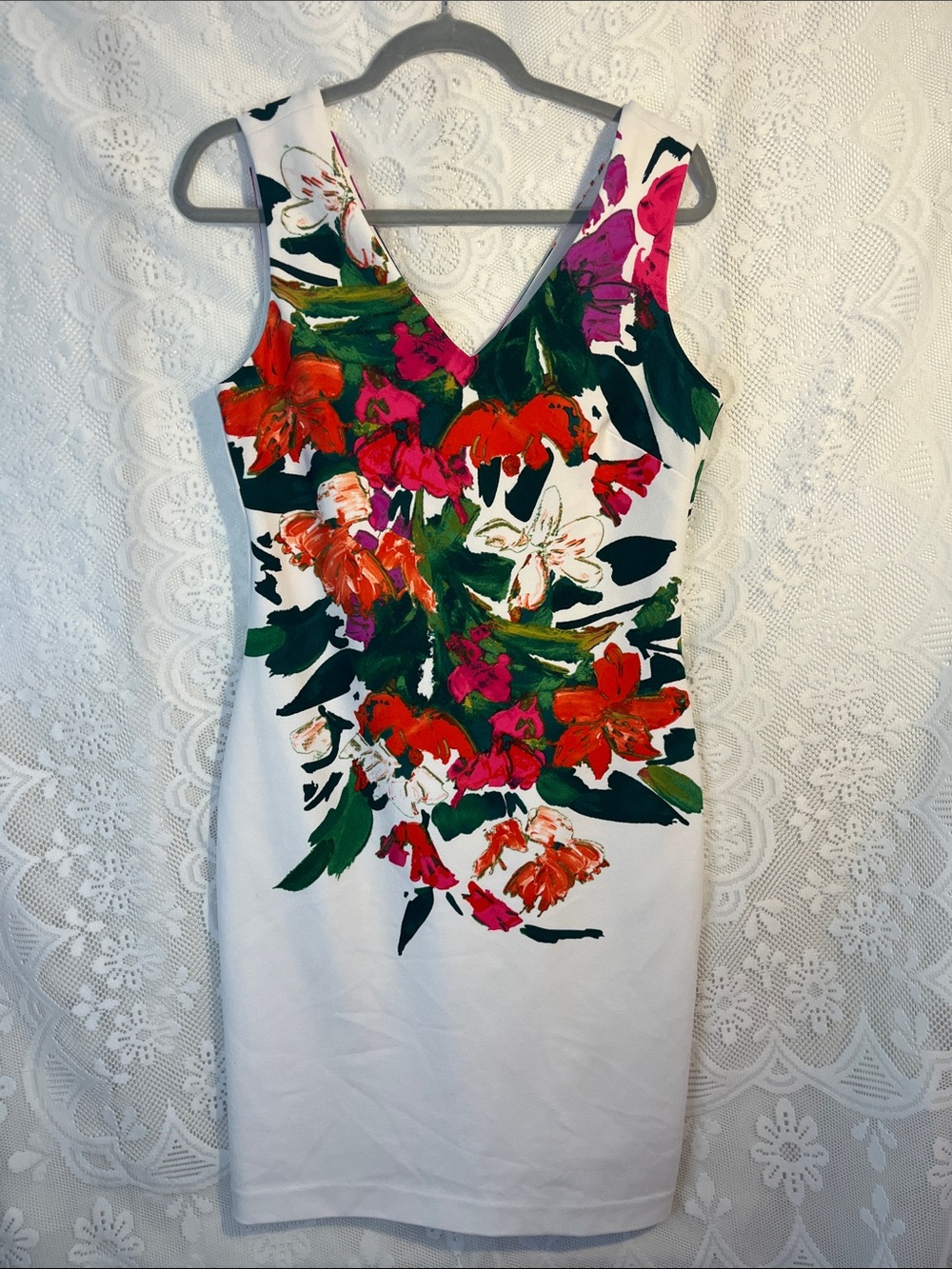 Donna Ricco White Floral Midi Dress with Red, Pink and Green Print